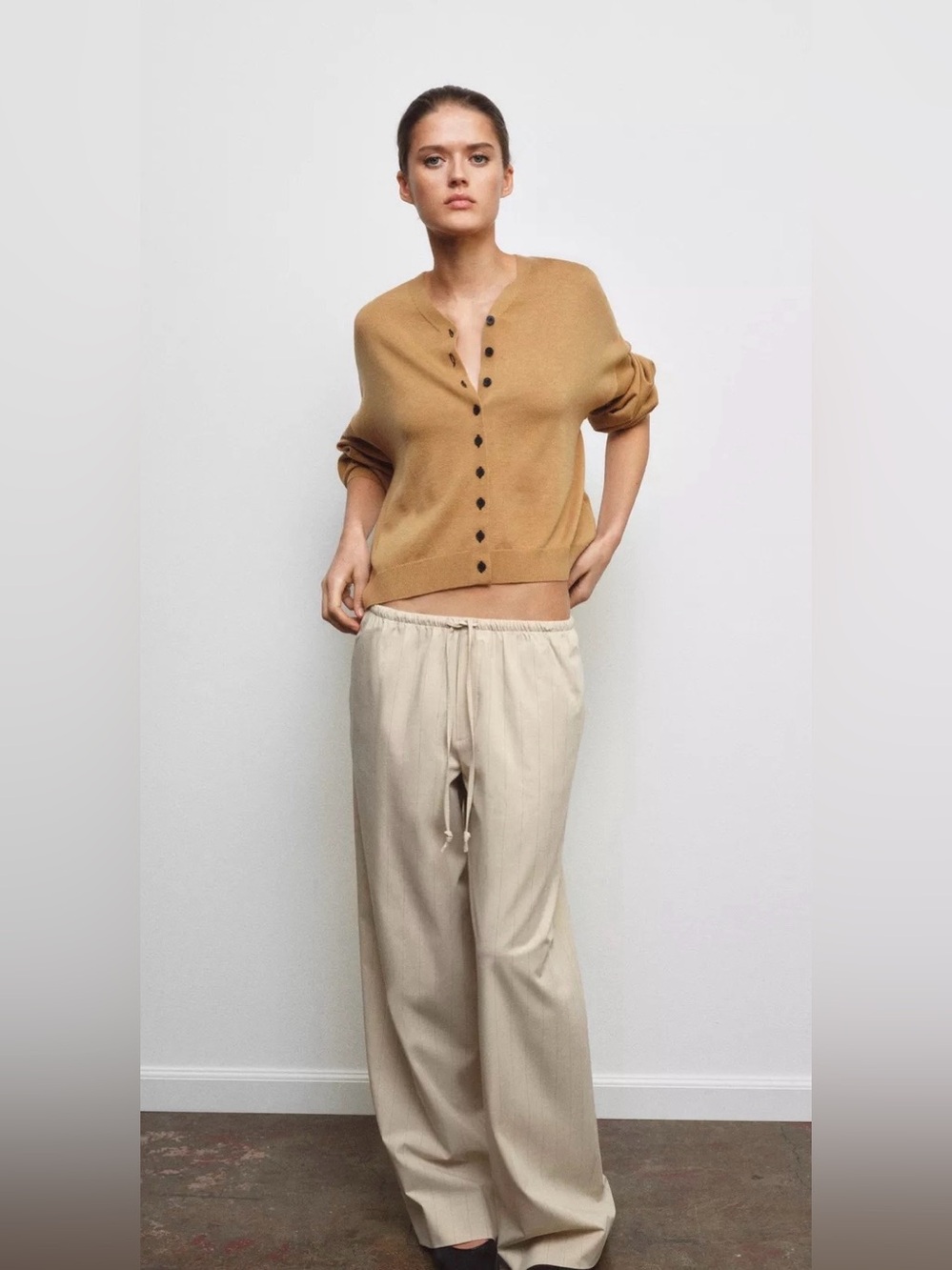 Zara ZW Collection NWT Cream Pinstripe Wide Leg Drawstring Pajama Pants